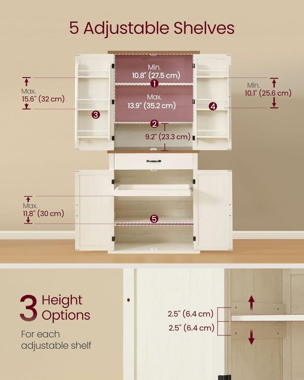 VASAGLE Farmhouse Pantry Cabinet Rustic White Adjustable-5
