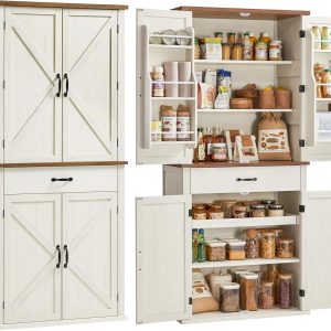 VASAGLE Farmhouse Pantry Cabinet Rustic White Adjustable-0