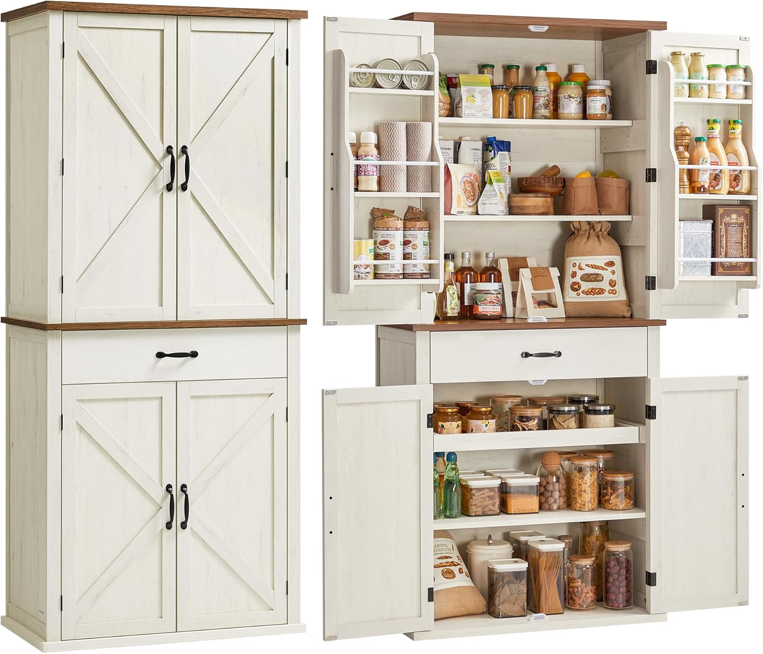 VASAGLE pantry cabinet in a rustic white kitchen setting