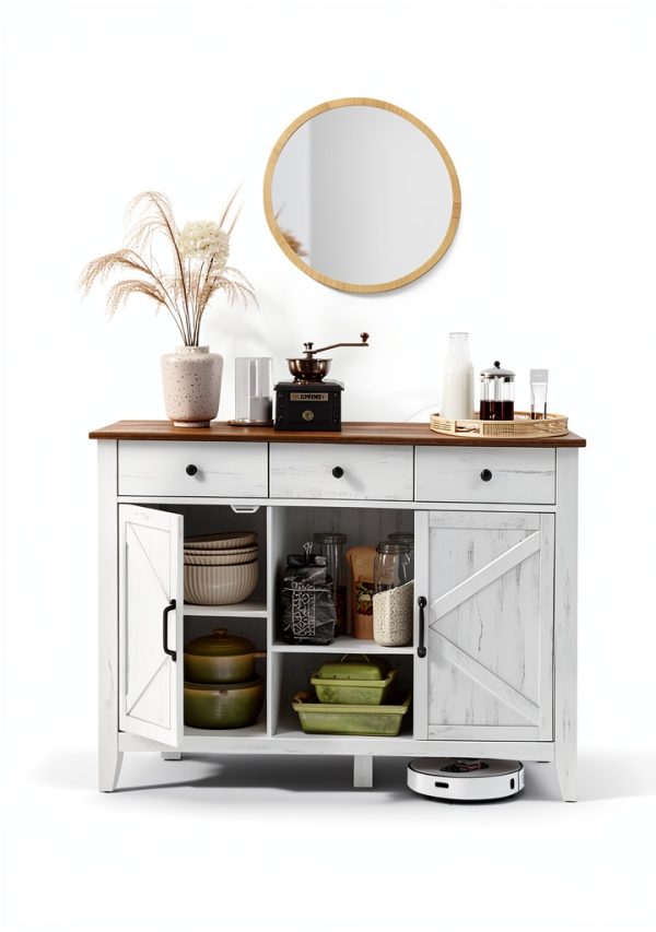 VASAGLE Buffet Cabinet Rustic White Honey Brown Storage-3