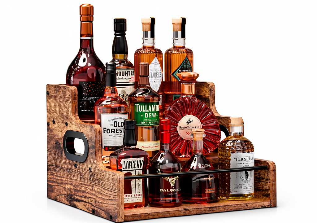 Wooden liquor shelf displayed on a home bar countertop