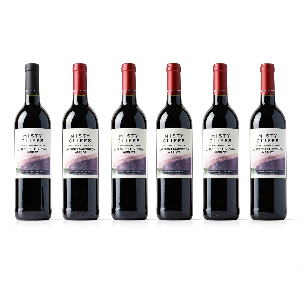 'Misty Cliffs non-alcoholic wine bottle with red cherry and spice ingredients displayed'